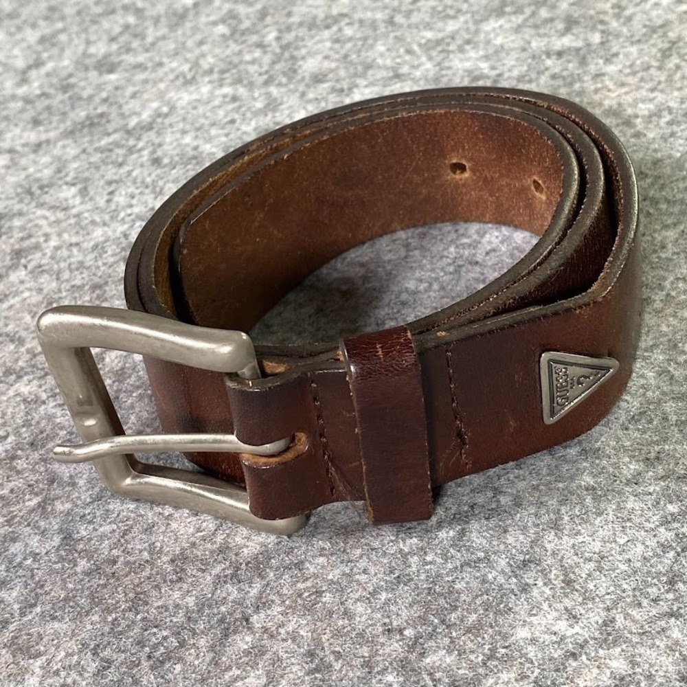VINTAGE GUESS brown Leather Belt Silver Buckle & Logo Y2k 90s Mens M MADE IN USA